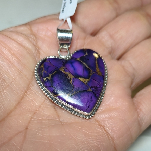 Purple Copper Turquoise gemstone heart pendant in 925 sterling silver. - Picture 2 of 6